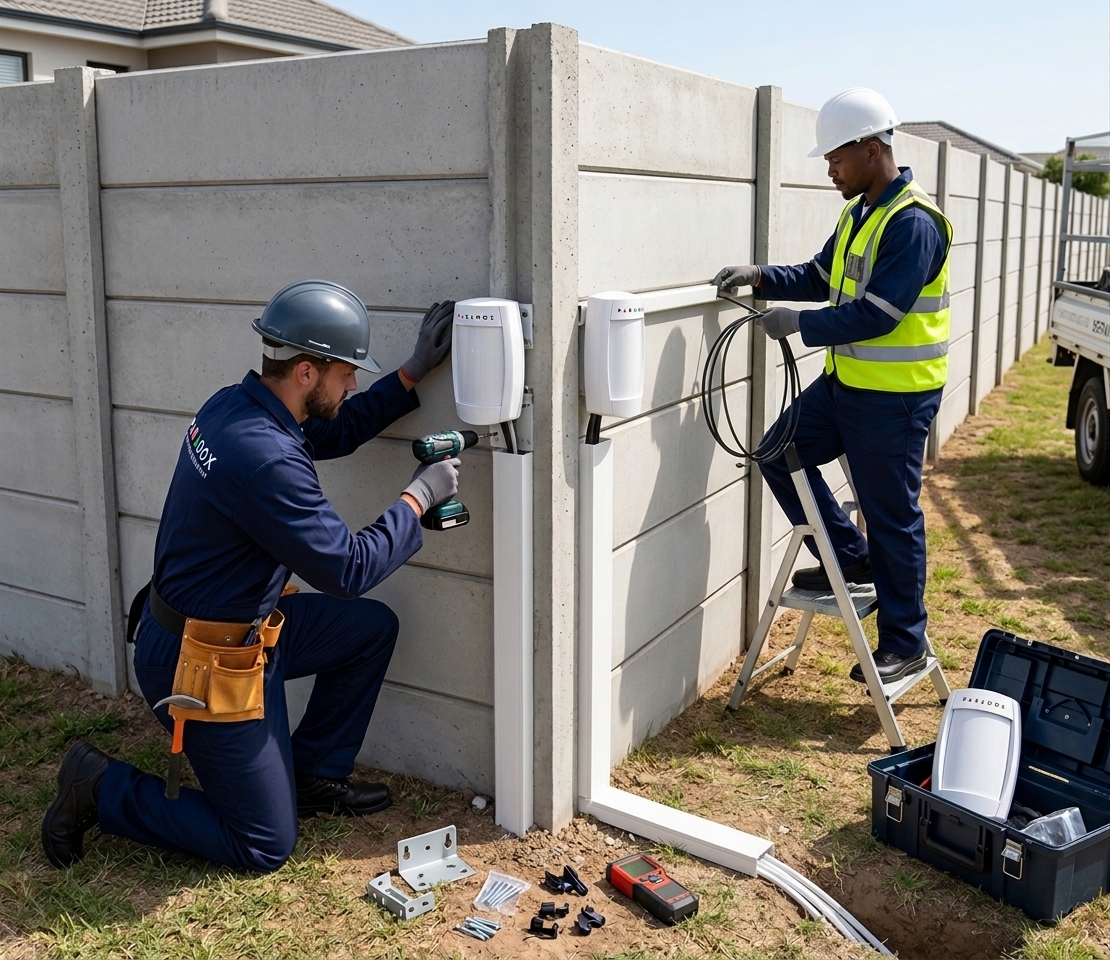 Titan Security technicians installing outdoor infrared beam sensors on a durawall in Johannesburg